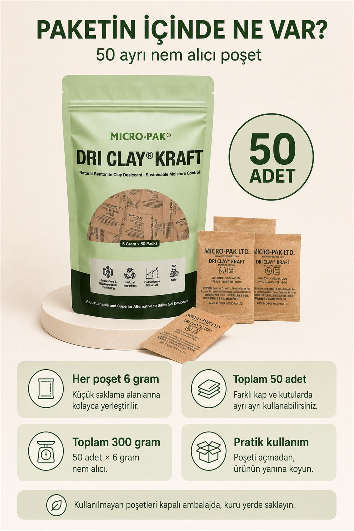Micro-Pak 6 gram paketinin içeriği: 50 adet poşet, bilgi görseli