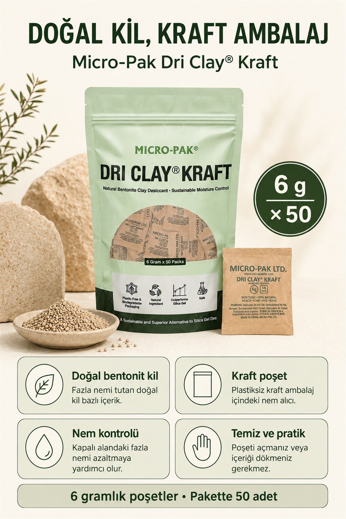 Micro-Pak doğal bentonit kil ve kraft kâğıt ambalaj bilgi görseli