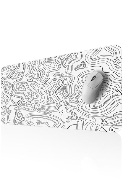 GoLite Poliüretan Mousepad – Topografi Beyaz deseni, 70x30 cm, kaymaz taban detayı