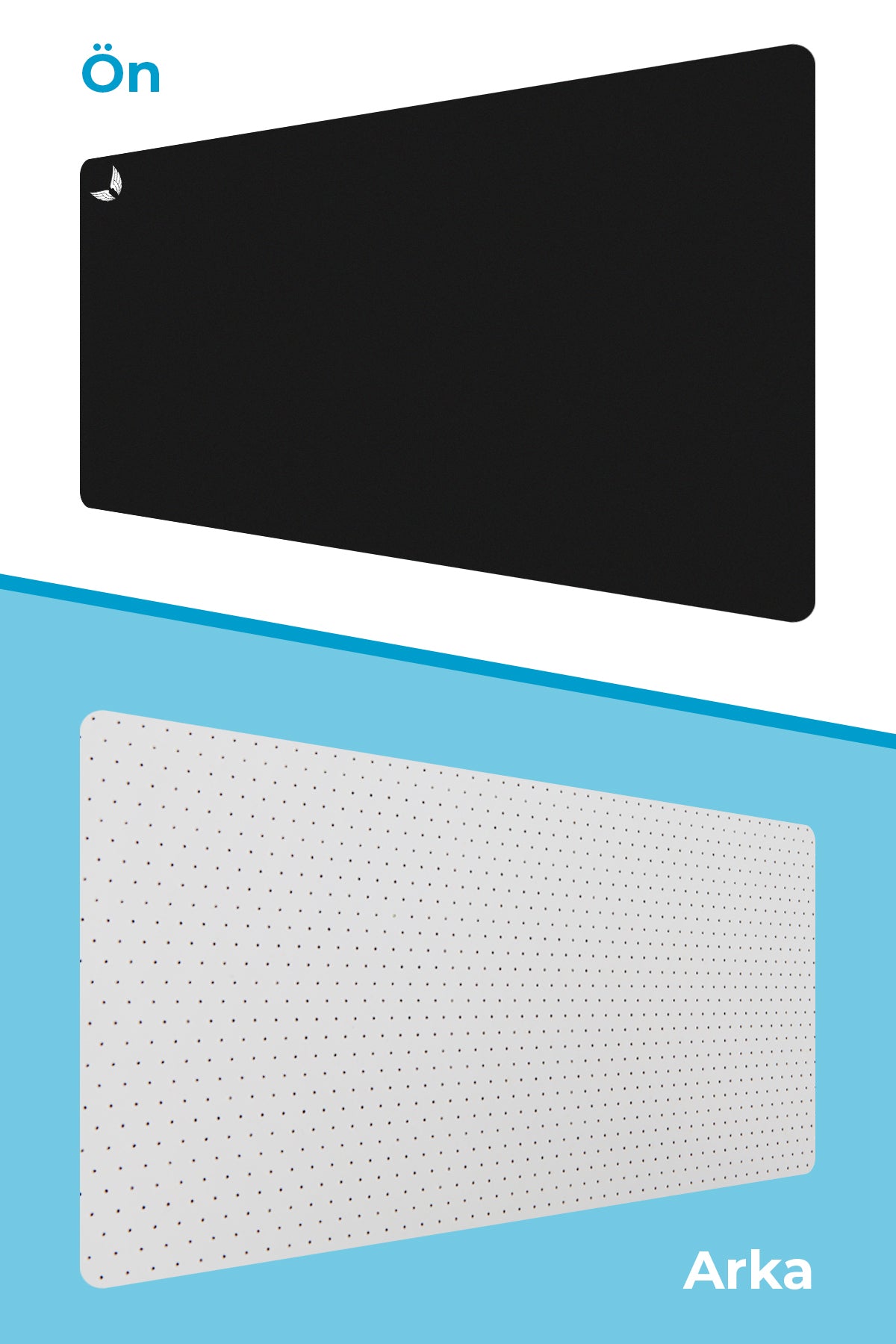 GoLite antibakteriyel mousepad'in siyah ön yüzü ve delikli gri arka yüzü
