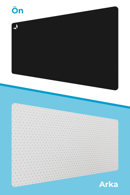 GoLite antibakteriyel mousepad'in siyah ön yüzü ve delikli gri arka yüzü