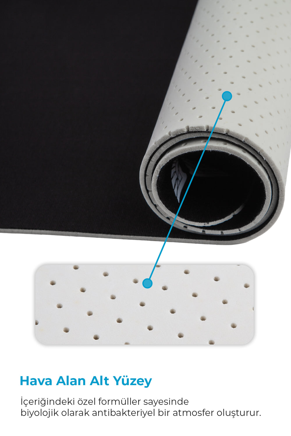 GoLite antibakteriyel mousepad rulo hâlinde, hava alan delikli alt yüzey detayı