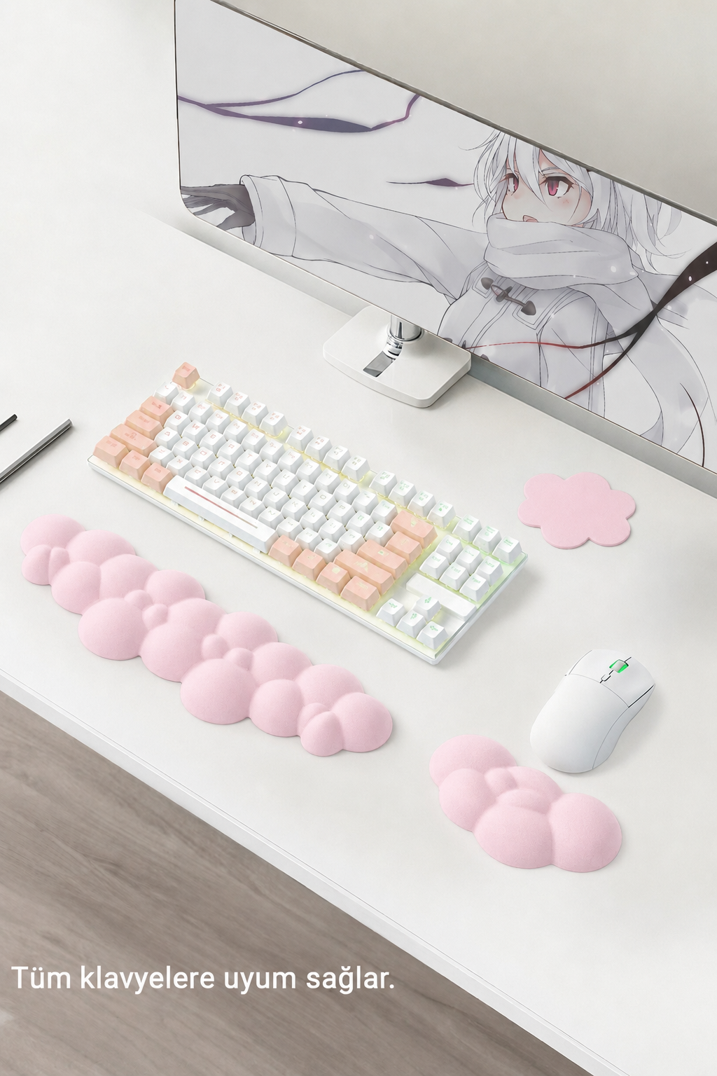 GoLite Bulut Şekilli Klavye ve Mouse Bilek Desteği Seti – toz pembe, kaymaz taban detayı