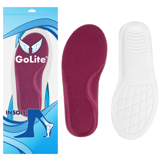 GoLite Bebek ve Çocuk Ayakkabı Tabanlığı — ambalajıyla birlikte, bordo üst yüzey ve beyaz taban