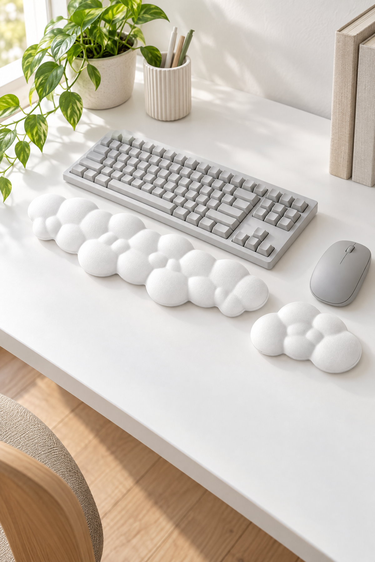 Beyaz GoLite Bulut klavye ve mouse bilek desteği seti beyaz çalışma masasında