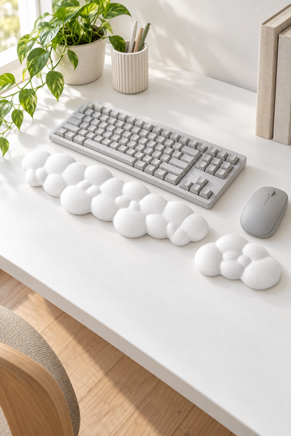 Beyaz GoLite Bulut klavye ve mouse bilek desteği seti beyaz çalışma masasında