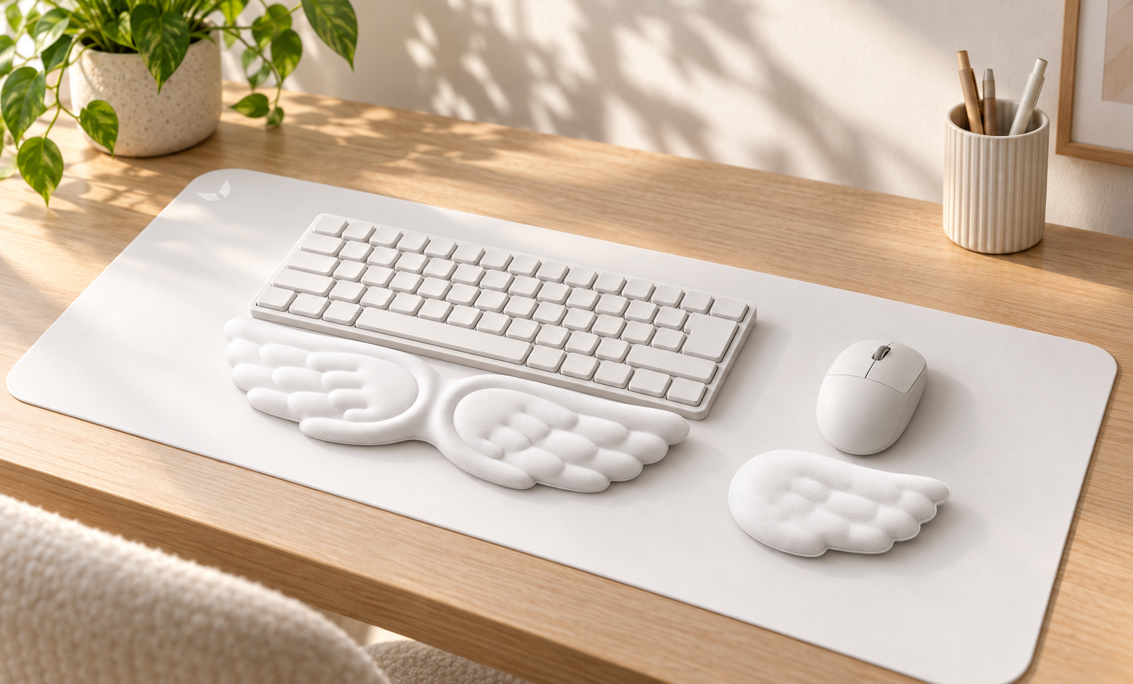 Beyaz bilek desteği seti ve aynı renk 70x30 GoLite mousepad birlikte