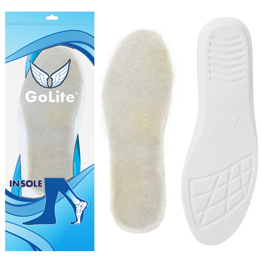 GoLite Hakiki Kürk Kışlık Ayakkabı Tabanlığı — ambalajıyla birlikte, kürk üst yüzey ve beyaz taban