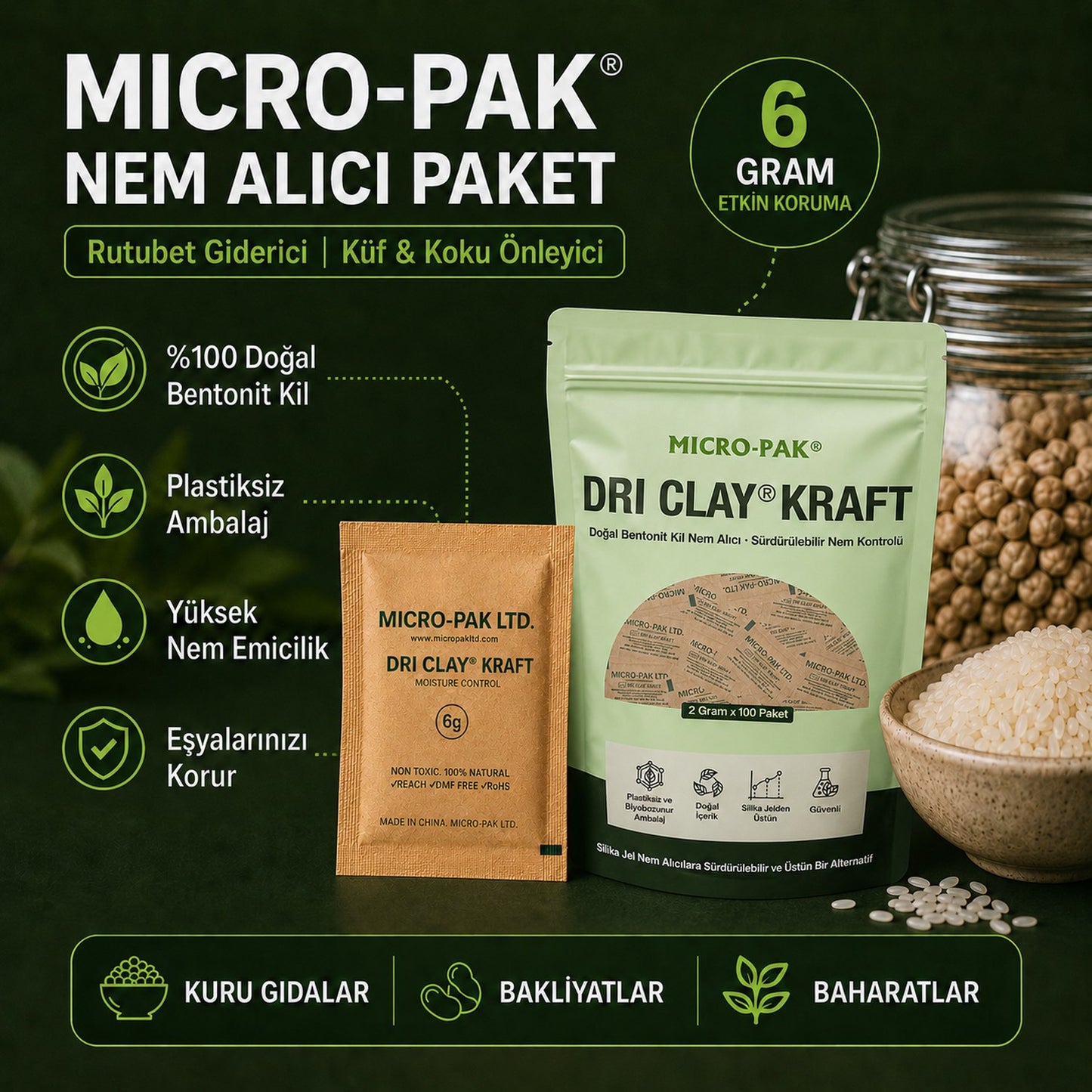 Micro-Pak 6 gram nem alıcı paket, rutubet giderici, küf ve koku önleyici