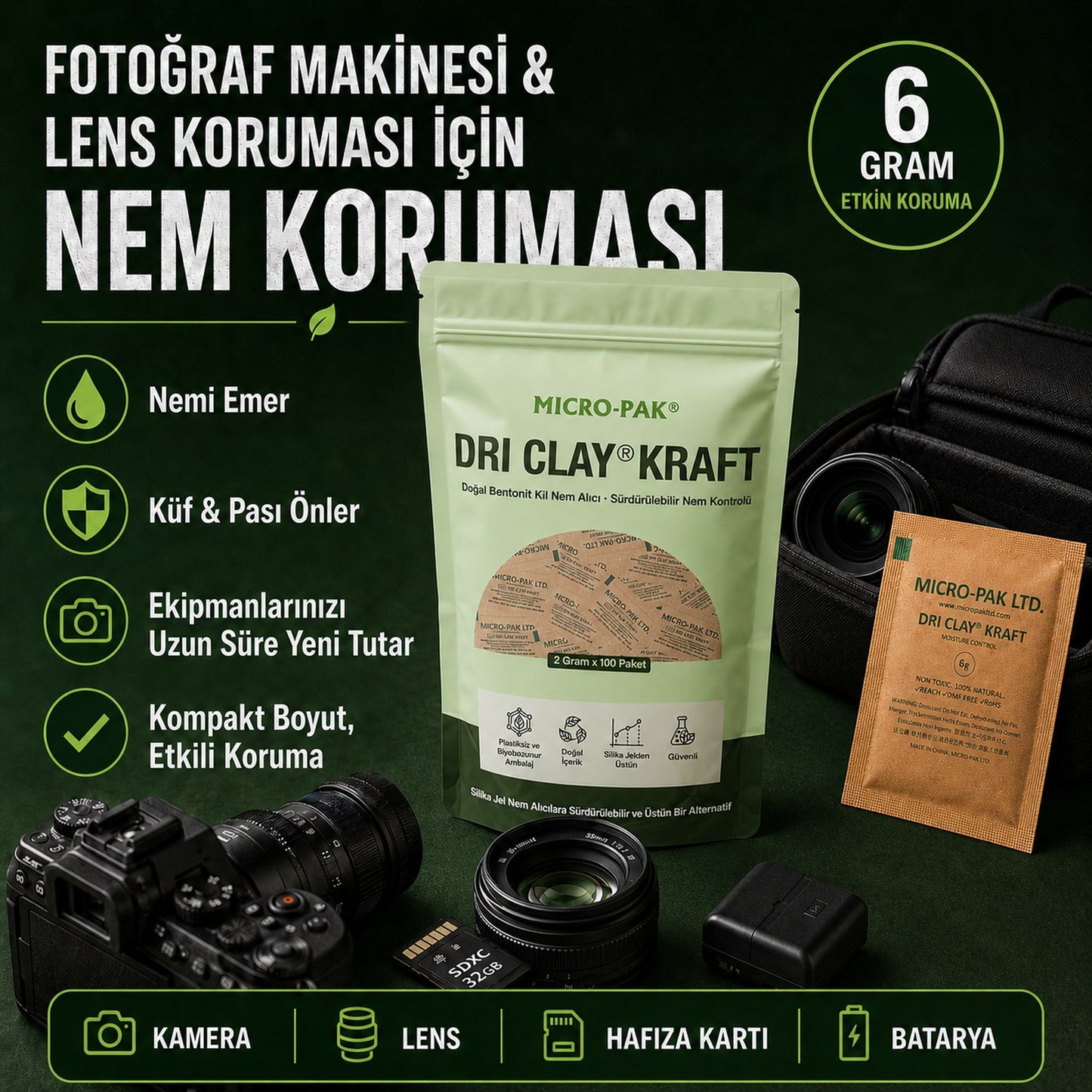 Fotoğraf makinesi ve lens koruması için nem alıcı