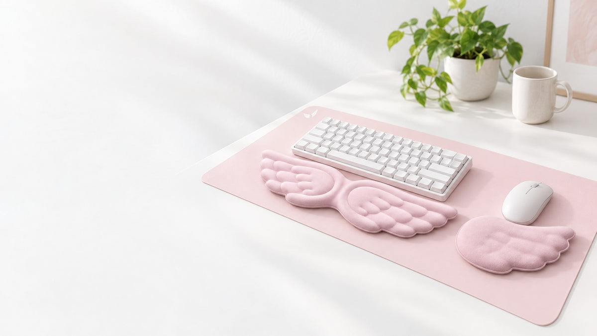 Toz pembe Melek Kanat klavye ve mouse bilek desteği seti ile 70x30 toz pembe GoLite mousepad beyaz masada